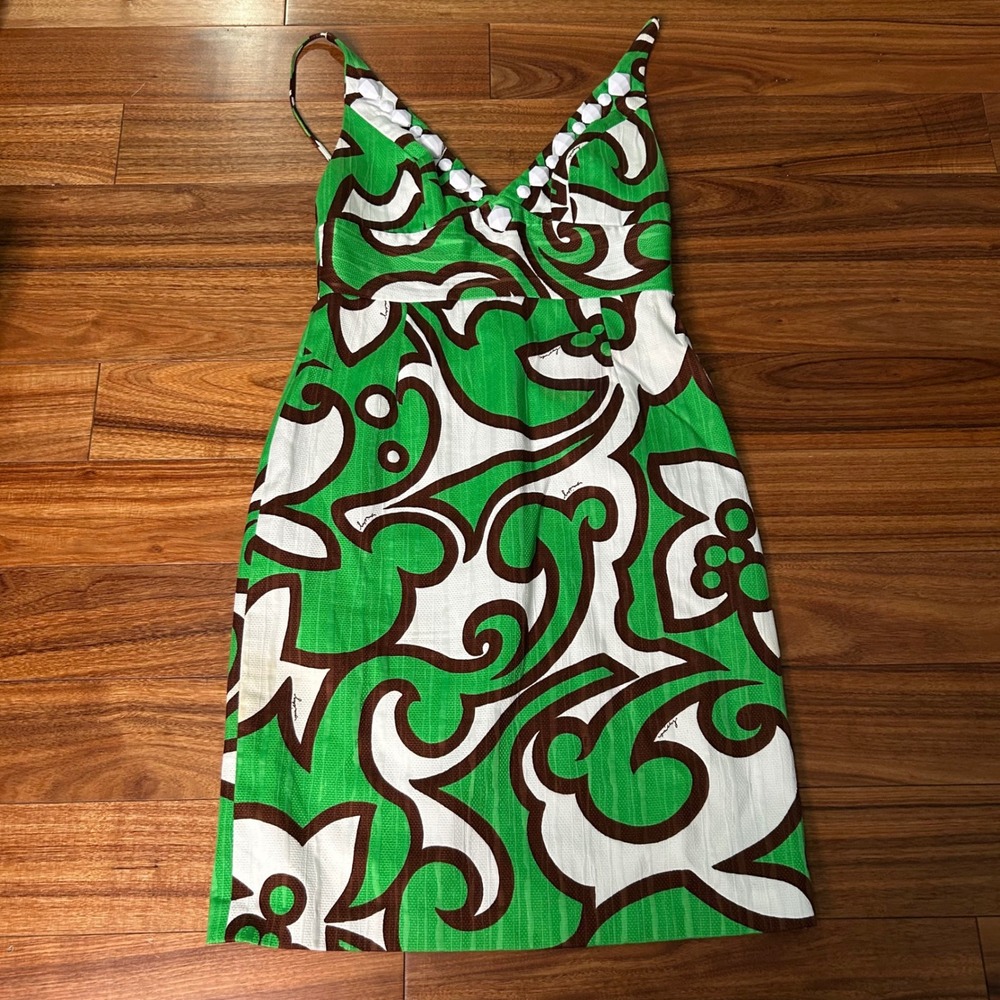Milly dress vintage look with Green Brown White Swirl Pique Dress Bead Trim
